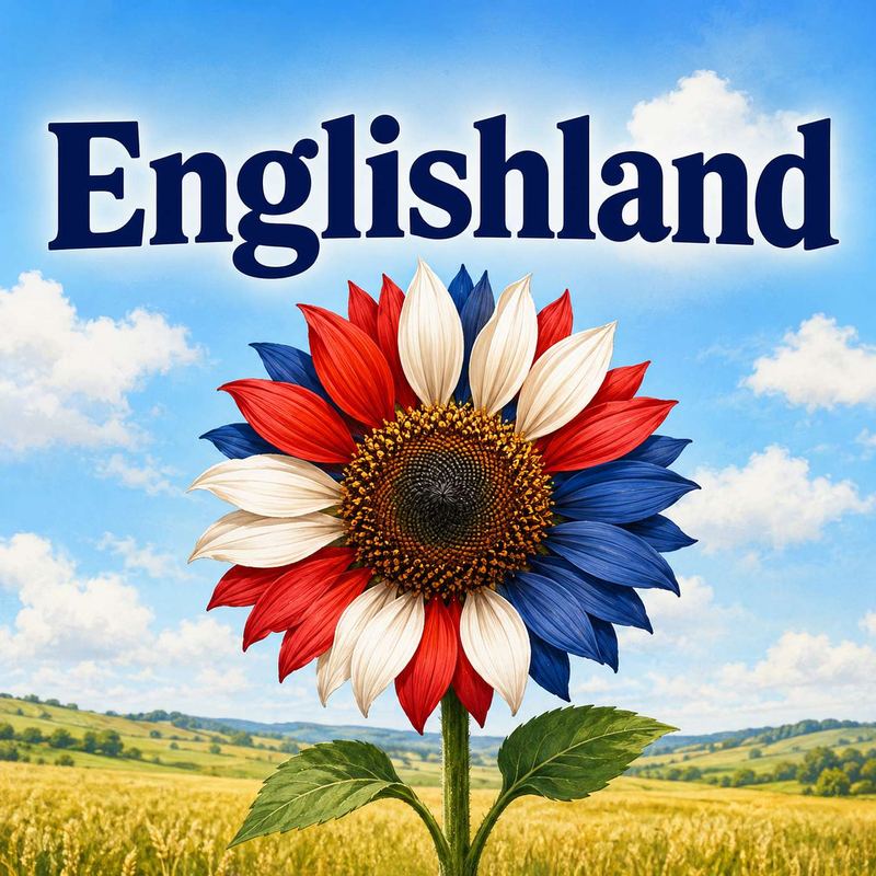 EnglishLand podcast cover art: a sunflower with red, white and blue petals in a wheat field.